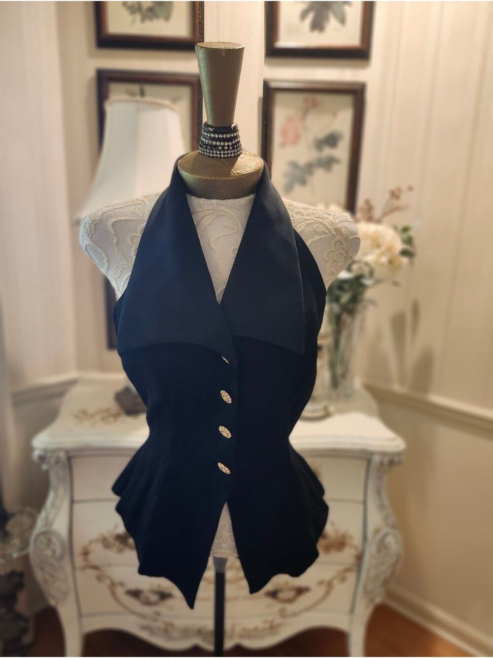 Vintage 90s Black Halter Vest Peplum Rhinestone Button Top Y2K Glam Goth Size S
